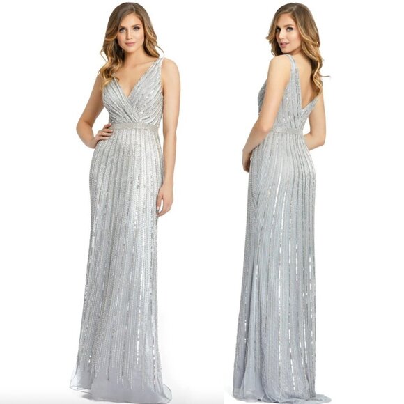 MAC DUGGAL Plunging Surplice Beaded Gown in Platinum Size US 6 - Picture 1 of 8